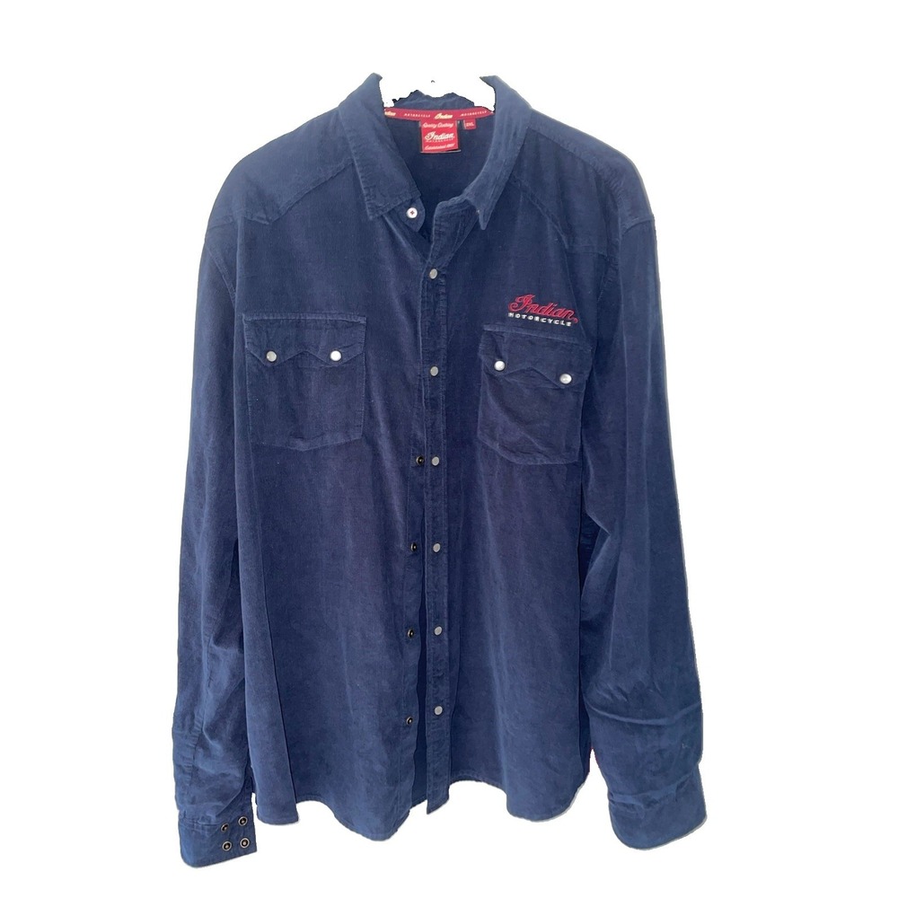 Indian Motorcycle Shirt 2XL Blue Pearlsnap Corduroy Biker Americana